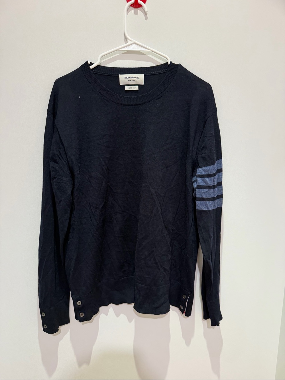 Thom Browne Navy 4-Bar Merino Wool Crewneck Sweater Size 4